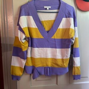 Striped V-Neck Sweater with Belt